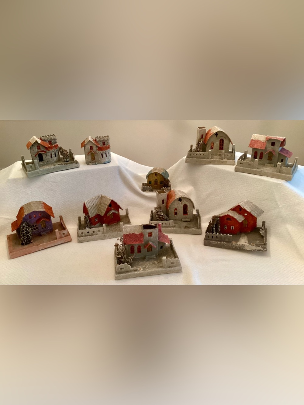 Vintage Lot 10 Japan Putz Christmas Houses Mica Glitter Church Castle MidCentury